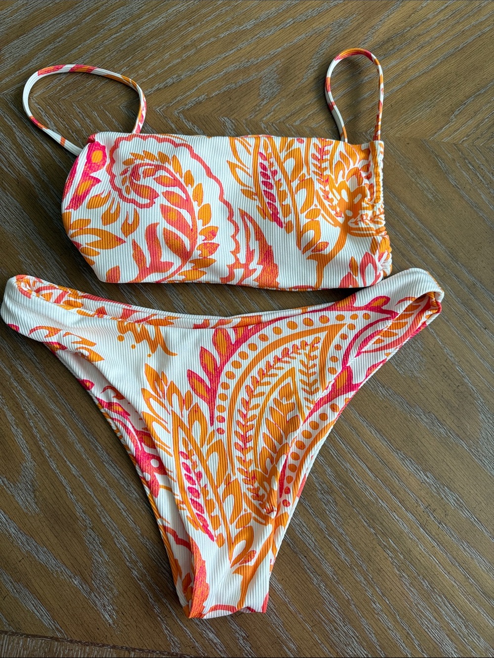 Source Unknown White Bikini Set with Orange & Pink Paisley